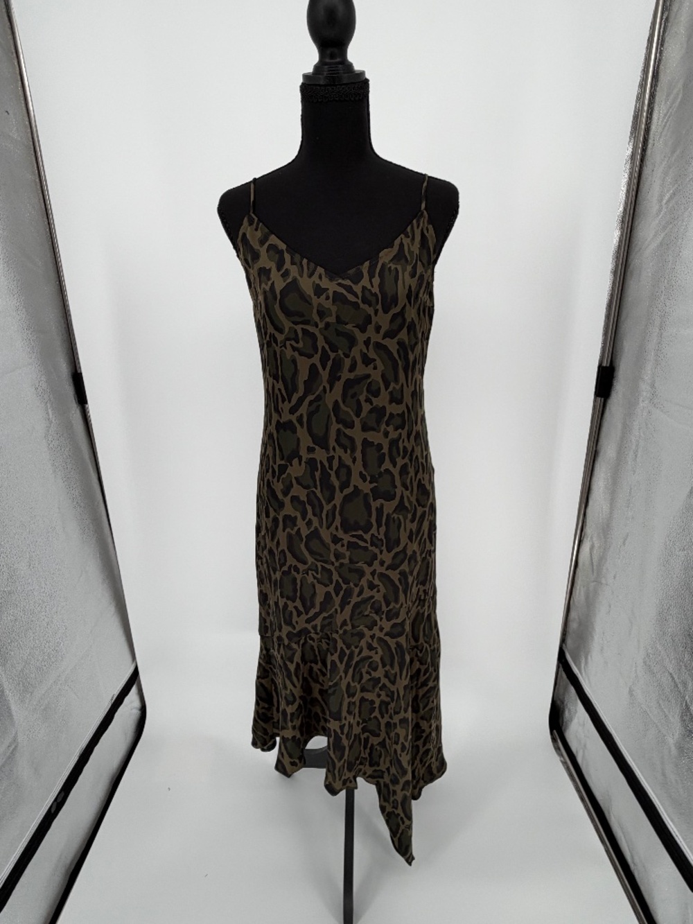 Steve Madden Green Leopard Print Asymmetrical Slip Dress | Ruffle Hem Small - Picture 1 of 14